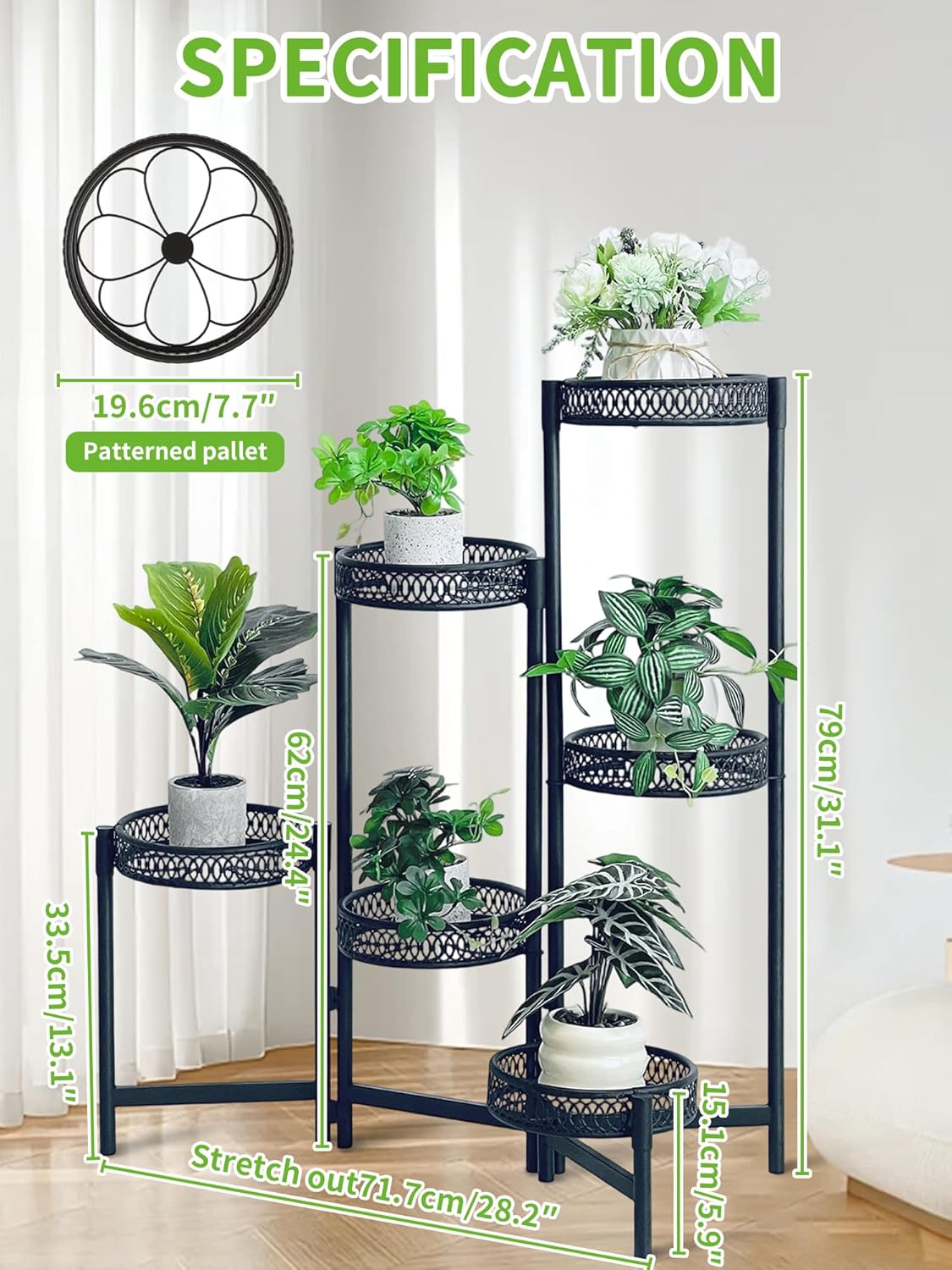 5 Tier Large Plant Stand Indoor with 7.9-Inch Wide Drainage Tray, Tiered Corner Metal Outdoor Flower Display Holder Shelf, Folding Tall Rack for House Patio Porch Balcony Graden - BlackFlower