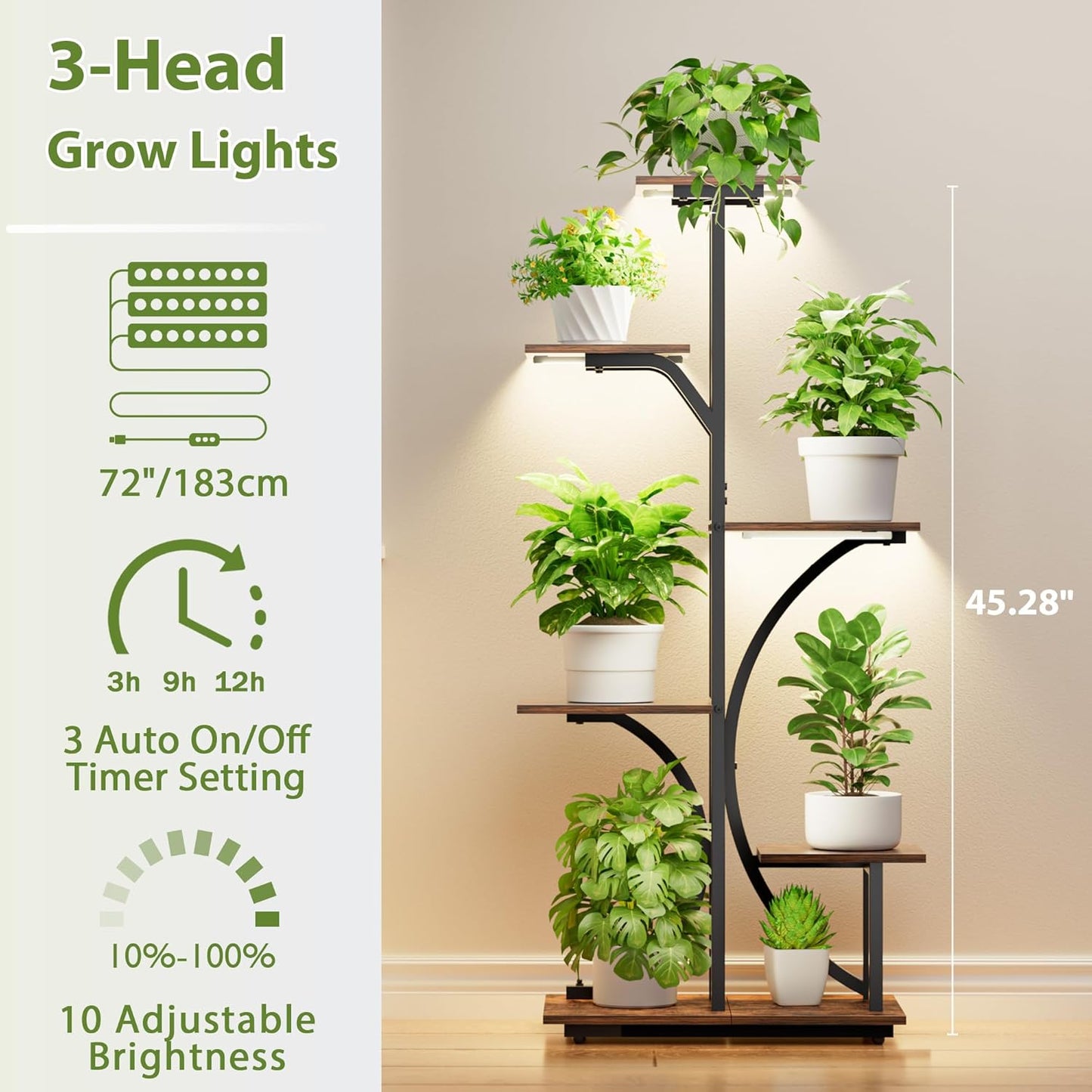 Plant Stand with Grow Lights Indoor, 6 Tiered Plant Shelf, 45" Corner Display Storage Shelf, Curved Design Flower Stand for Living Room, Bedroom, Patio Decor, Black