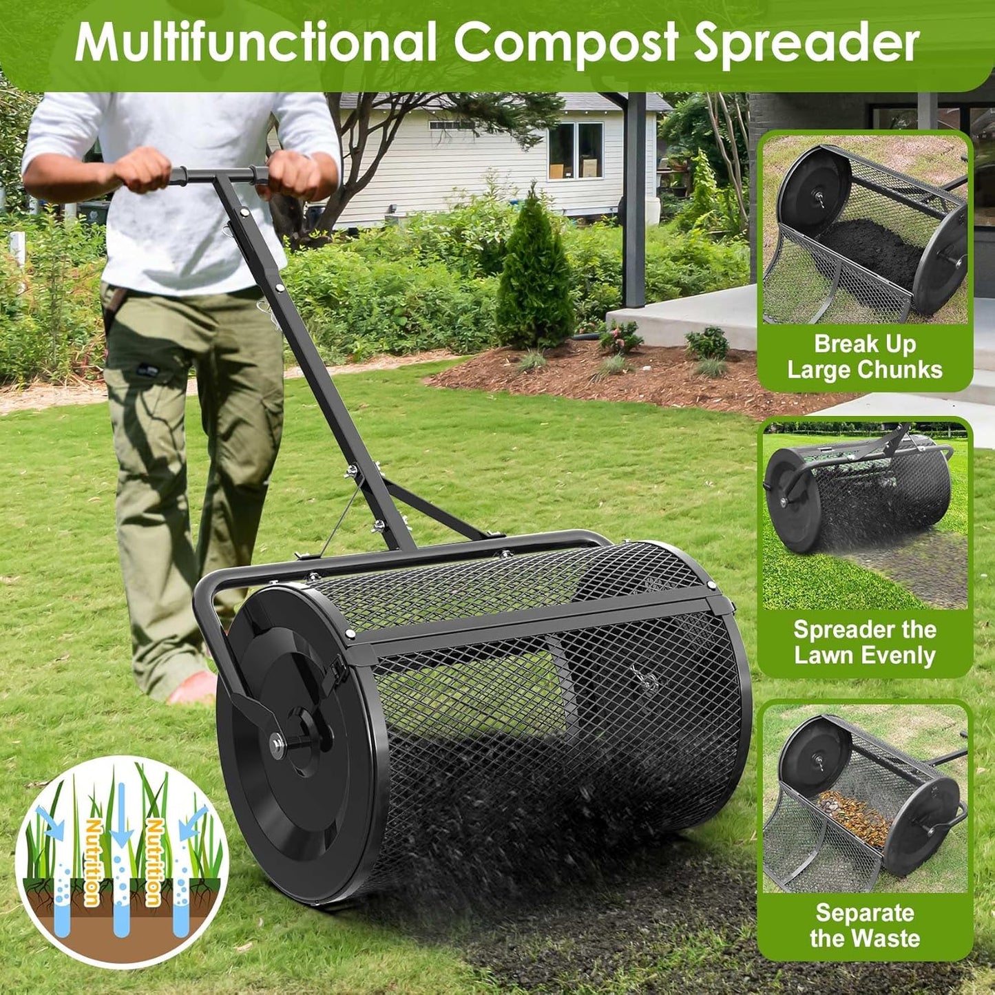 Seeutek Compost Spreader, 24" Peat Moss Spreader with 3 Heights, Top Soil Spreader W/Upgraded Side Latches Support Rod Powder Coated Metal Mesh Top Dressing Spreader for Lawn, 2 Way Uses-Push or Tow