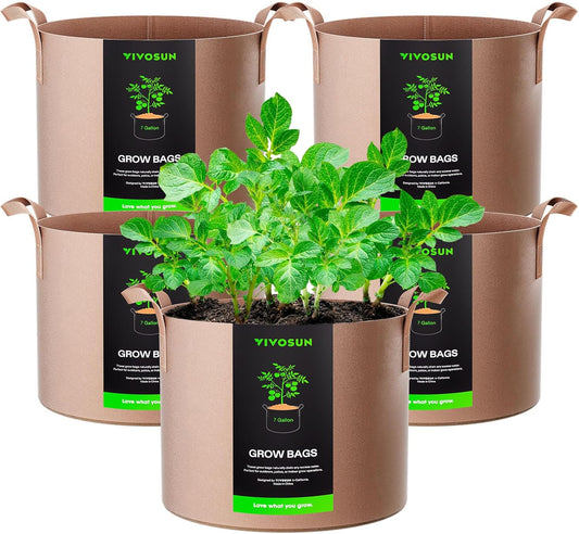 VIVOSUN 5-Pack 7 Gallons Grow Bags Heavy Duty Thickened Nonwoven Fabric Pots with Strap Handles Tan