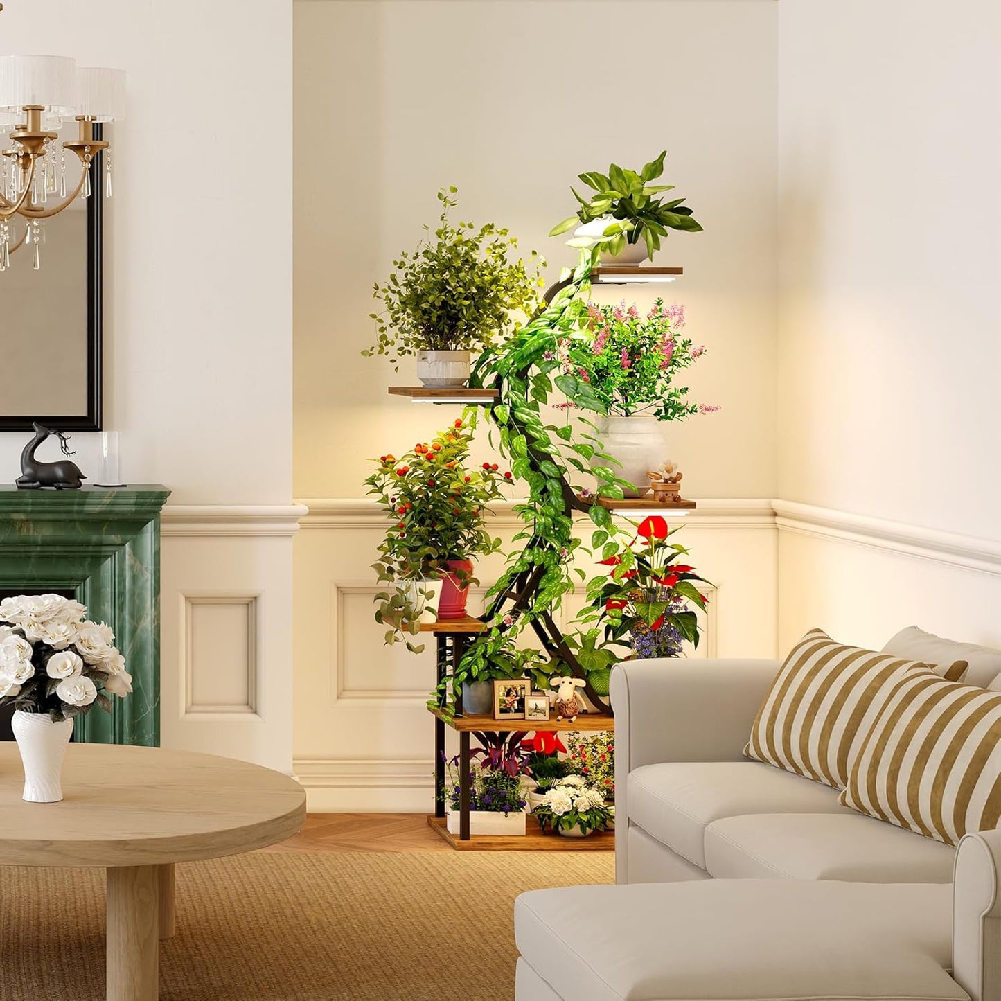 Black Plant Shelves with Grow Lights: 7-Tier 65" Tall Stand for Indoor Corners, Living Room Display or Bedroom Gardening Rack