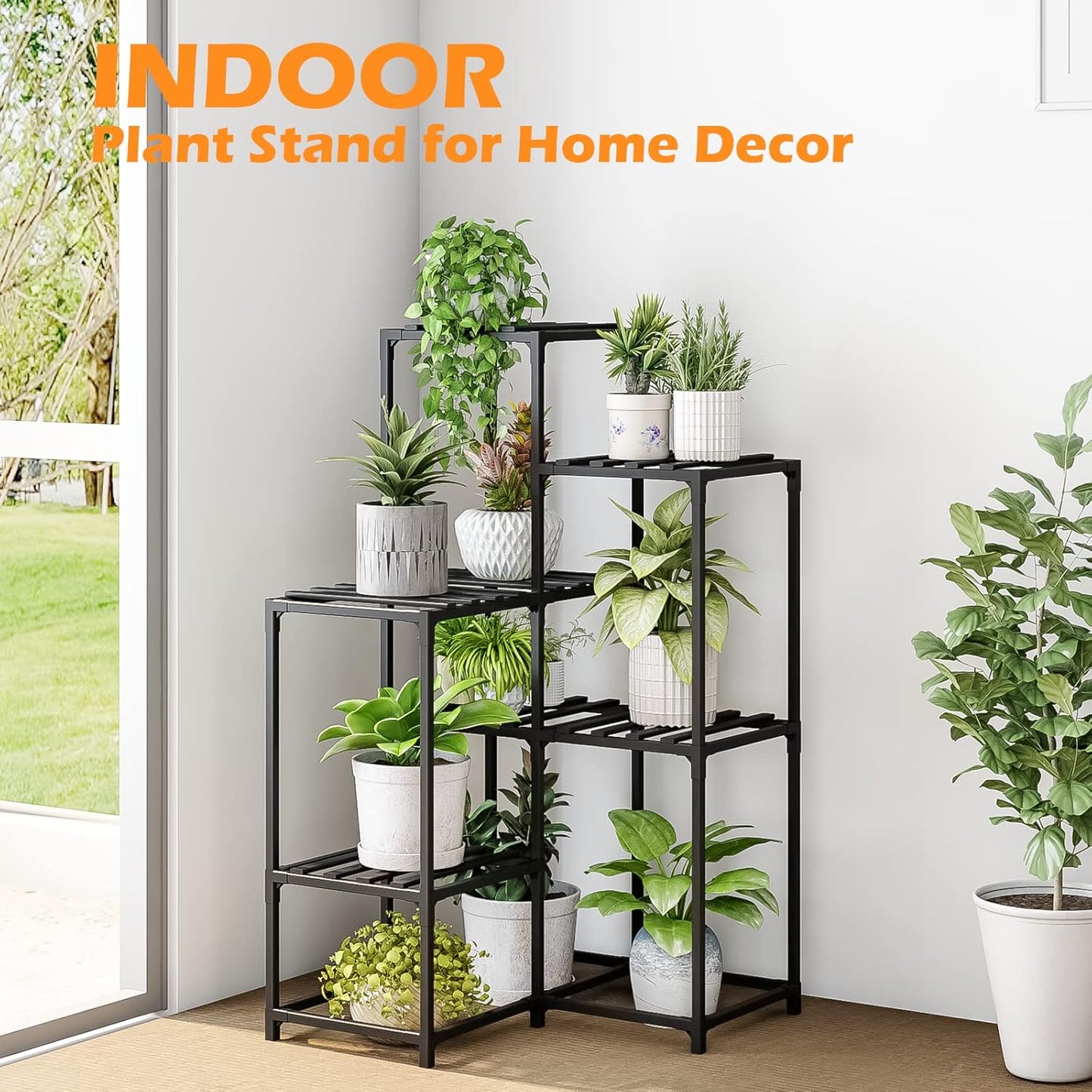 Bamworld Outdoor Black Corner Plant Shelf/Holder - 7-Tier Stands for Multiple Plants - Patio, Balcony, Garden