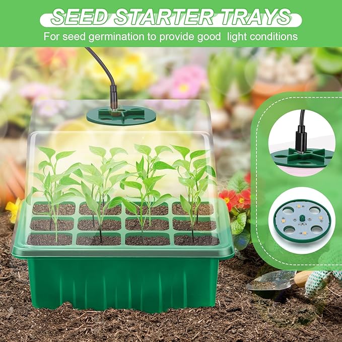 Lunies 6 Packs Seed Starter Tray with Grow Light, Indoor Greenhouse Seeding Starter Trays for Planting, Base Gardening Plant Germination Kit, Seed Starter Kit with Humidity Domes, (12 Cells per Tray)