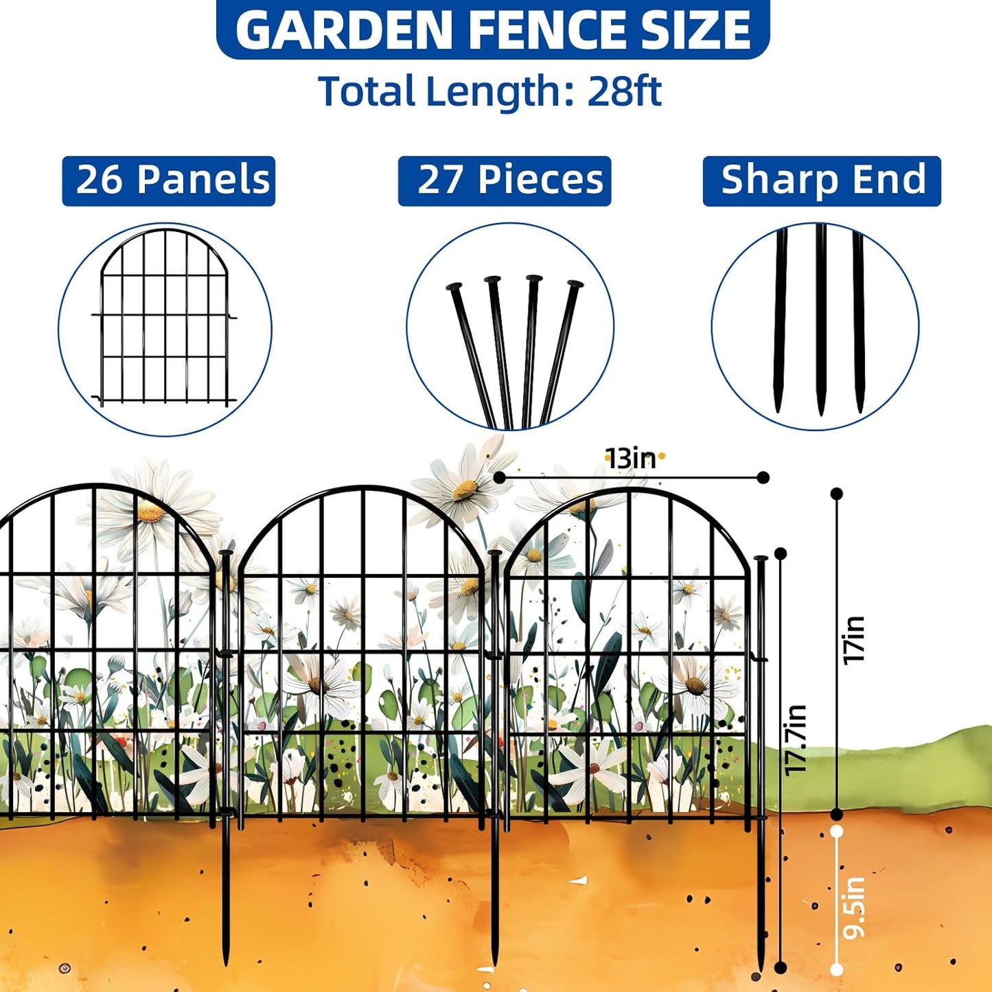 26 Pack Decorative Garden Fence, 22in X 28ft Arched No Dig Fence Border, Garden Edging Border, Rustproof Metal Animal Barrier with Ground Stake for Dog, Rabbit, Outdoor Yard Patio Decor