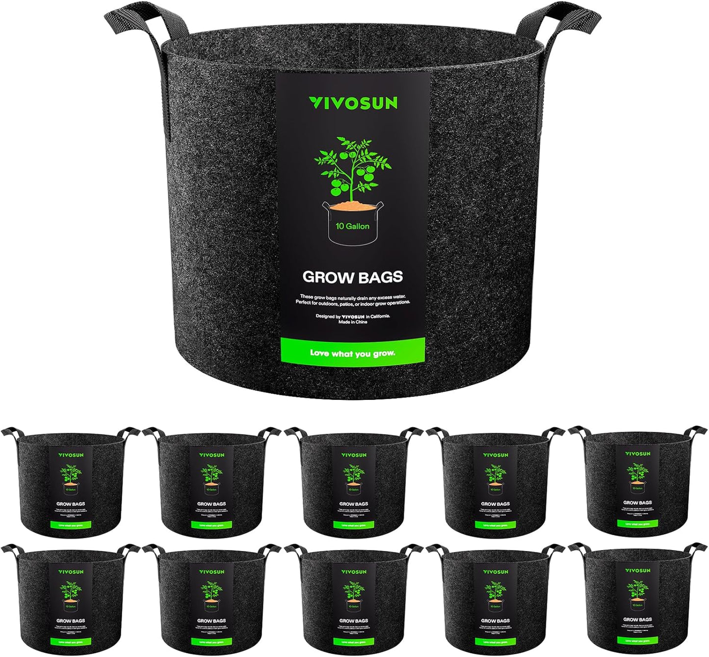 VIVOSUN 10-Pack 10 Gallon Grow Bags, Reinforced Planter Fabric Pots for Gardening Black