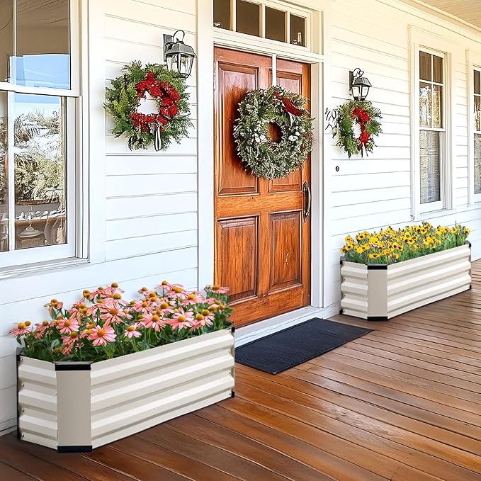 KING BIRD Raised Garden Bed Kit with Bottom 2025 Upgraded Galvanized Planter Garden Box Outdoor & Indoor for Gardening, Vegetables, Flowers, Beige, 35.4x11.8x11.8 in