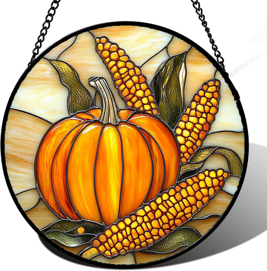 Stained Glass Window Hanging Autumn Harvest Pumpkin Corn Large 15" - Suncatcher Door Garden Kitchen Sunroom Sun Catcher Fall Home Decor Birthday for Mom Grandma Men Woman
