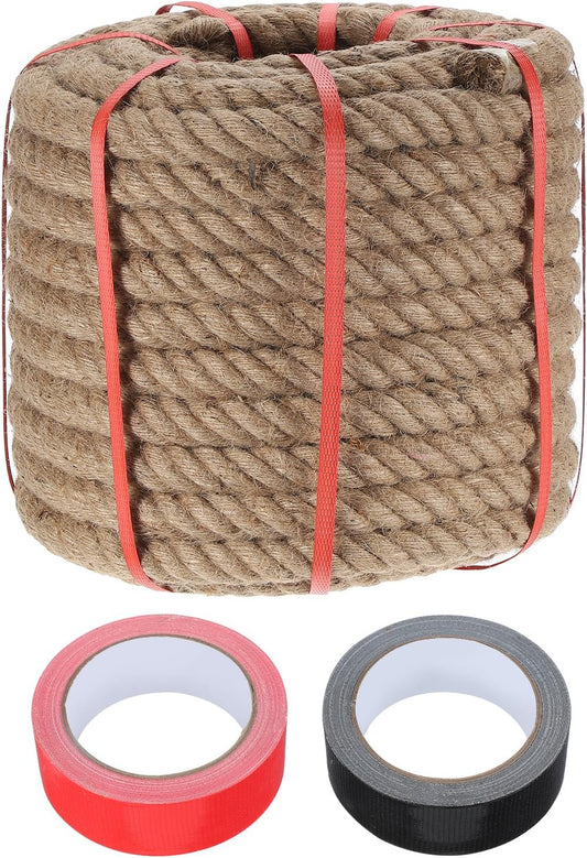 MECCANIXITY Jute Rope 1.1 Inch x 98ft, Thick Twine Rope Ropes Braided Jute Twine Natural Brown Burlap Cord String Heavy Twisted with Tapes for Decorative Crafts Railing Swing Tug of War