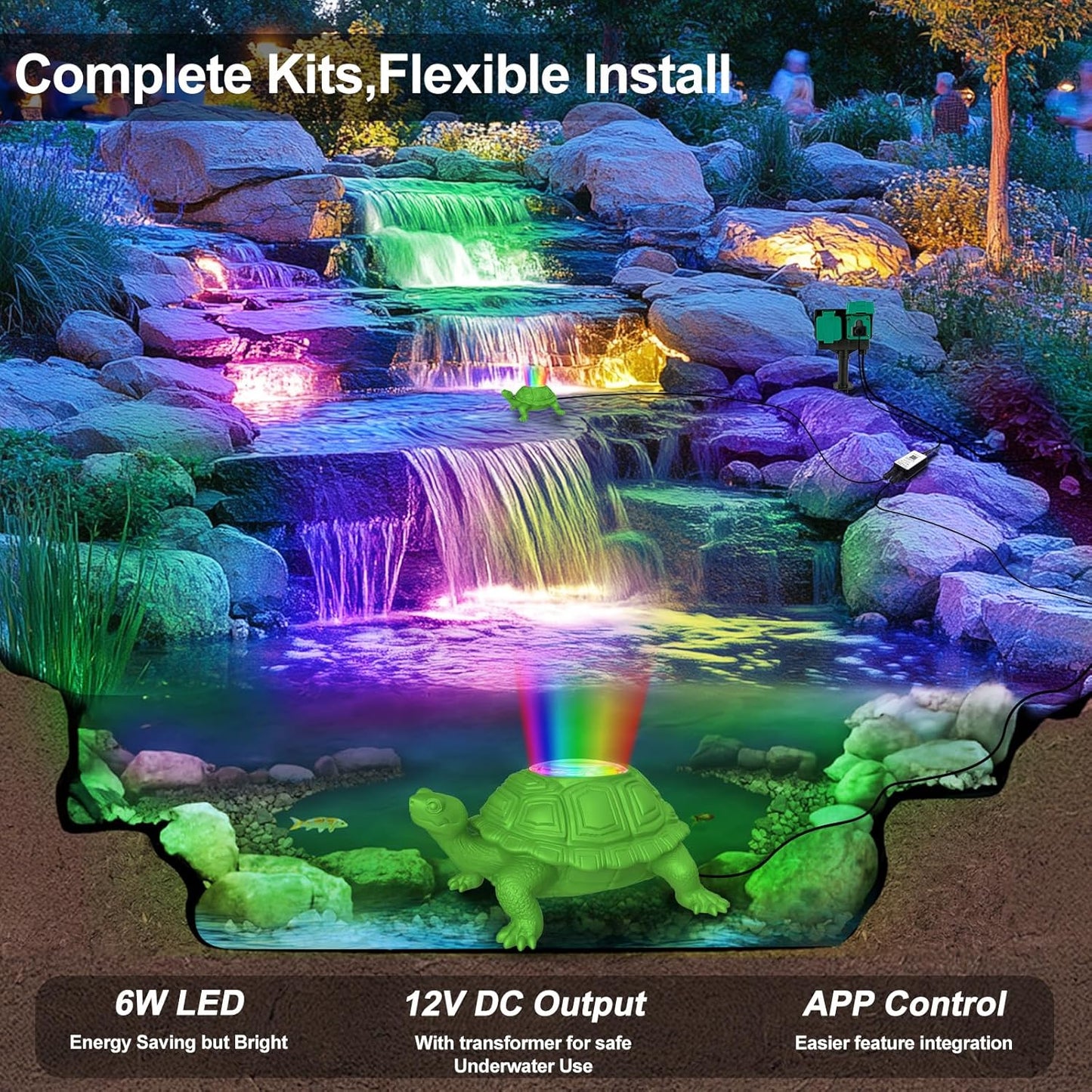 Pond Light LED Underwater with 12V Transformer, 6W Turtle Pond Lights with APP, IP68 Waterproof Fountain Lights with Long Cables for Ponds Fountain Waterfall Yard Water Feature, 2 SpotLights