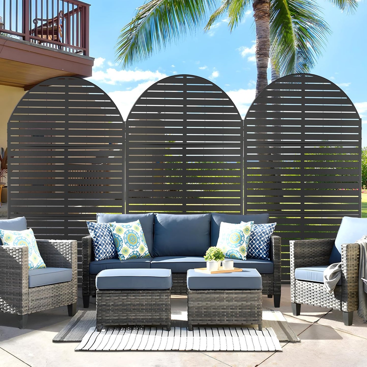 Metal Privacy Screen Outdoor 72" H×47" W,Freestanding Decorative Privacy Screen for Balcony Yard&Garden, Arched Privacy Fence-Black&Louvered