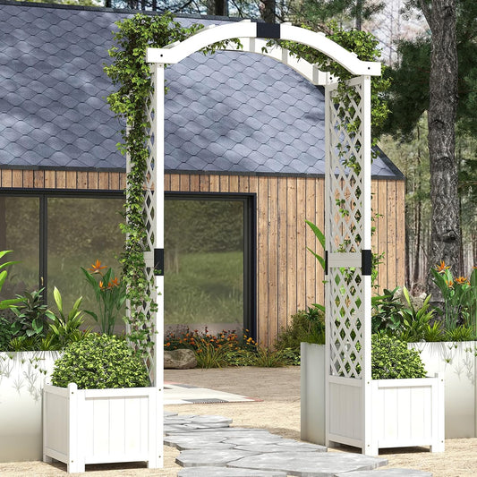 Giantex Garden Arbor with Planter Boxes, Wooden Arch with Trellis and Raised Garden Bed for Climbing Vine Plants Vegetables Herbs, Decorative Arbor Archway for Wedding, Ceremony, Party (White)