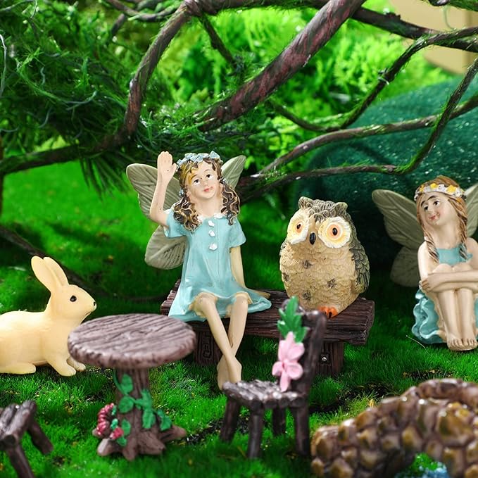 Roowest 19 Pcs Garden Accessories Garden Fairies Kit Miniatures Bunny Squirrel Owl Animals Cute Tiny Mushroom Mini Pond Bridge Figurine Miniature Micro Landscape Ornaments for DIY Home