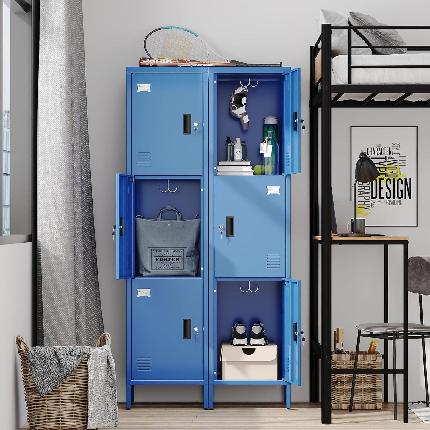 Metal Locker with Hooks and Ventilation Holes,Metal Storage Locker with Keys and Business Card Slot for Home,Gym,Garage,School,Office,66" H×15.75" W× 15.75" D,Assembly Required,Blue