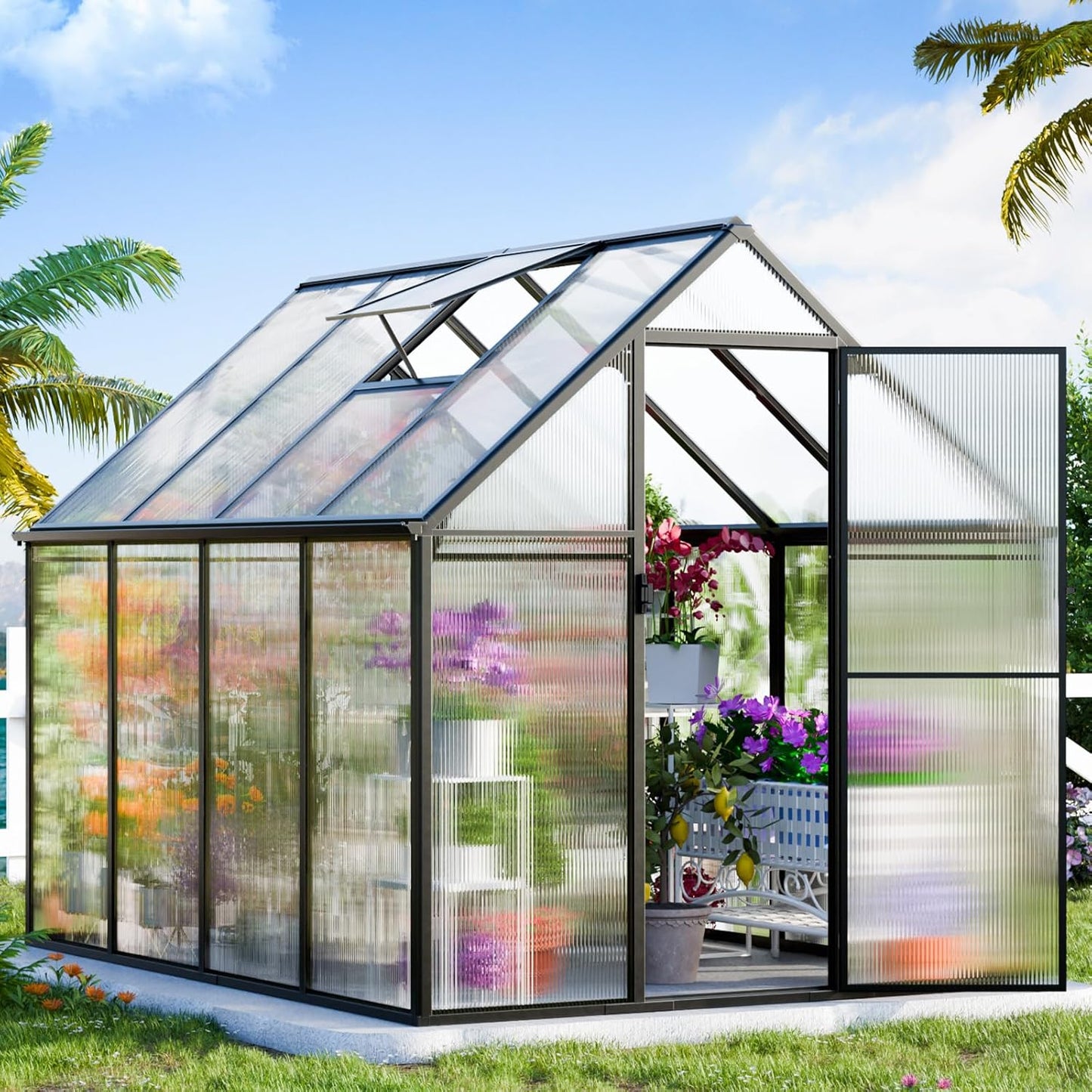 Polycarbonate Greenhouse, 8.2x6.2 FT Easy Assembly Aluminum Heavy Duty Greenhouses for Outdoors w/ Window, Swing Door, Walk-in Green House for Sunroom,Outside, Backyard, Garden, Black