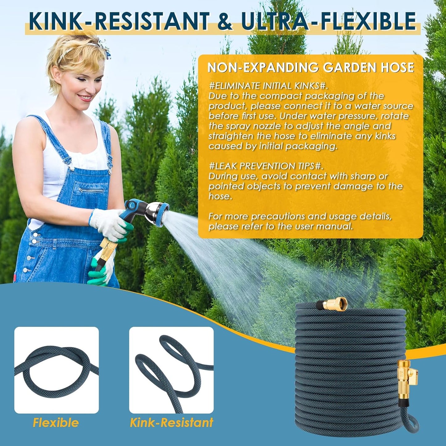 Non-Expanding Garden Hose 150 ft, Flexible Water Hose with 10 Function Spray Nozzle, Lightweight Hose Pipe, Leak-Proof, Durable, Kink-Resistant, 3/4 Inch Connector, Portable Storage Strap