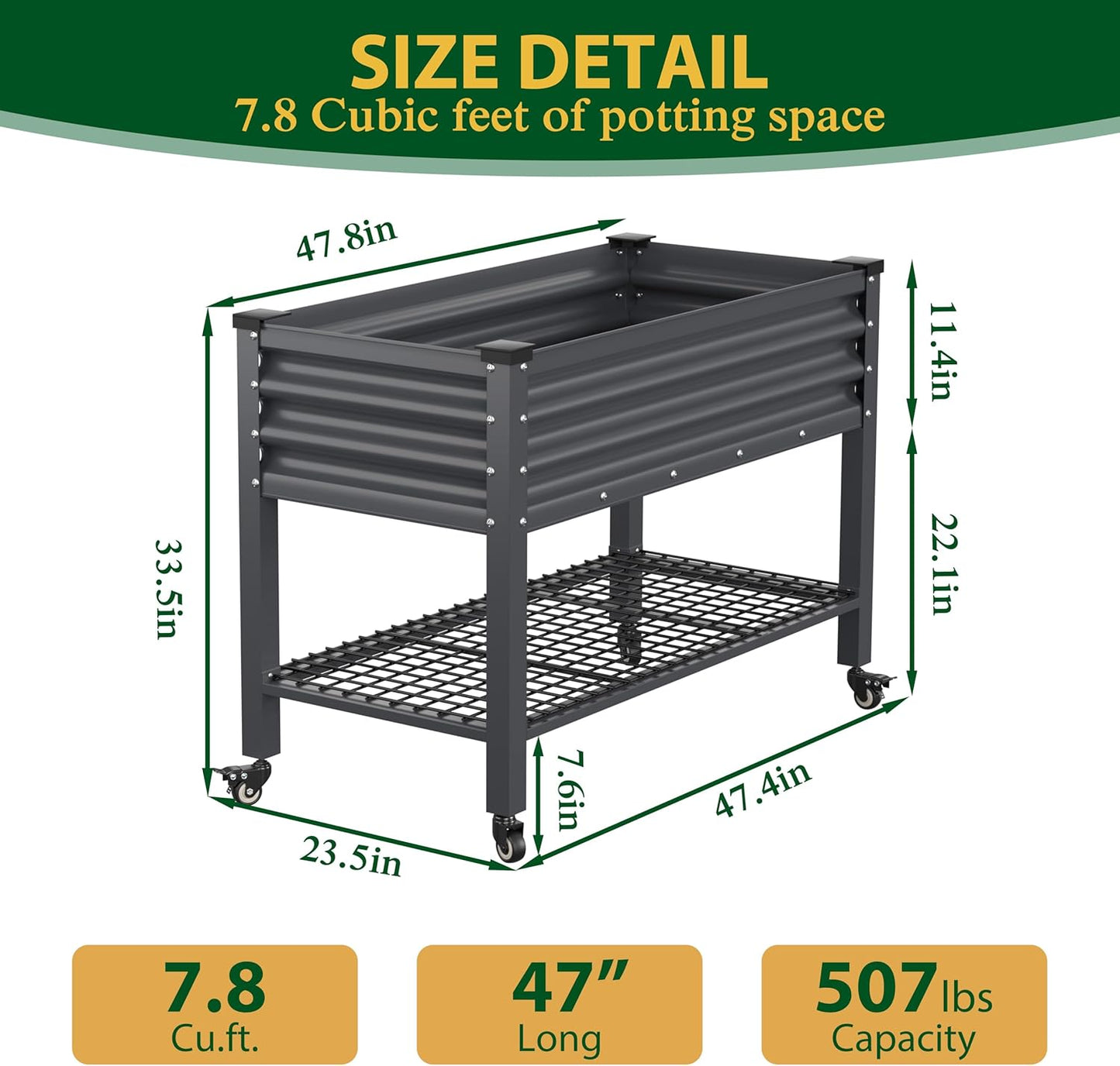 MUPATER Galvanized Steel Raised Garden Bed, 47.8" L x 23.5" W x 33.5" H Large Metal Elevated Raised Planter Box with Rolling Casters & Extra Bottom Shelf for Backyard, Patio, Balcony, Gray