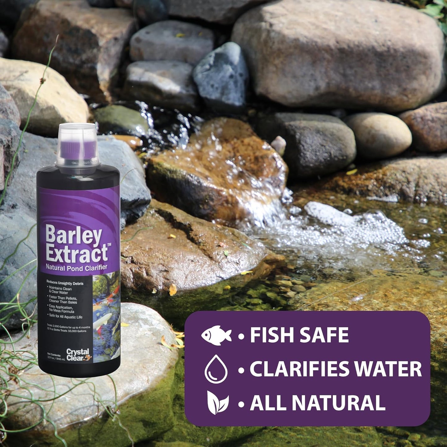 CrystalClear Barley Extract Water Garden & Fountain Clarifier, Natural Liquid Concentrate to Treat Cloudy Ponds, Koi Fish, Plant & Pet Safe, 32 Ounce