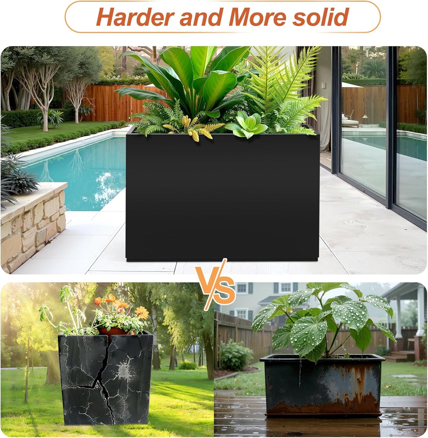 Metal Rectangular Planter for Outdoor Plants, Coated Large Planter Box with Drainage, Outdoor Patio PLanters with Sturdy Thickened Divider for Yard, Garden