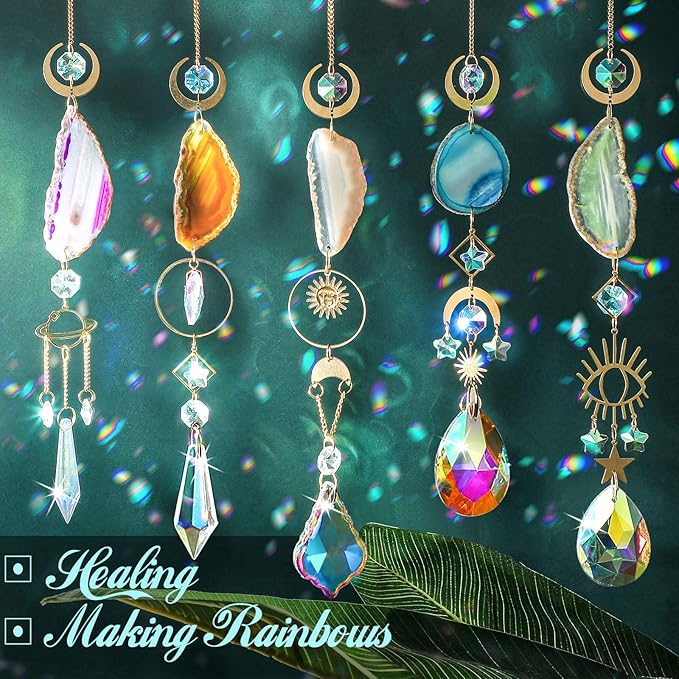 Maitys 6 Pcs 6 Pcs Crystal Suncatcher Sun Catchers Indoor Window Hanging Sun Catchers with Light Catcher with Prisms and Agate Slices for Indoor Outdoor Home Garden Wedding Decor (Colorful Crystal)