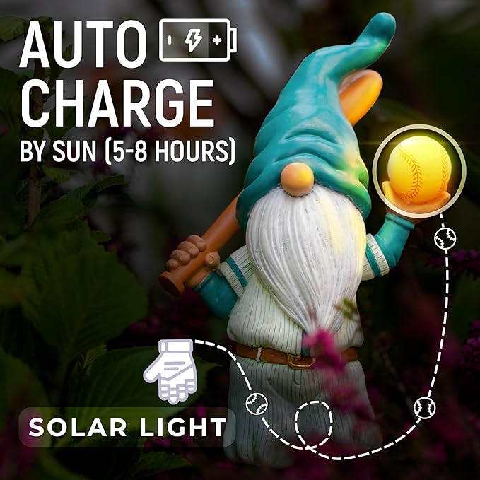 Baseball Garden Gnome with Solar Light Ball, Funny Gnomes 11.8" for Yard Decorations Outdoor, Garden Statues Outdoor Clearance, Solar Garden Statues