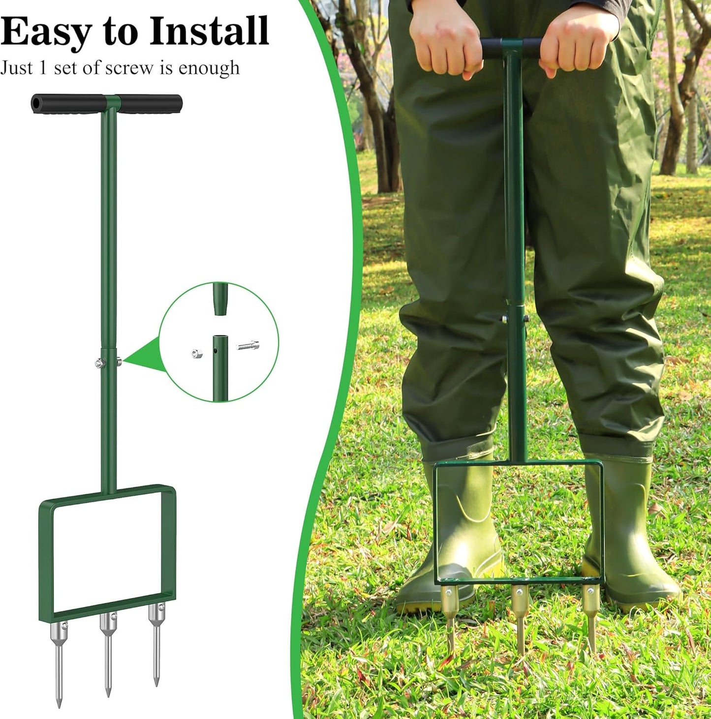 Lawn Aerator, 2 in 1 Aerator Lawn Tool with 6 Replaceable Spike Tines for Grass Core Aerator, Aeration Tool with Soft Rubber Handle, Gardening Tools for Loosening Soil and Improving Lawn Health