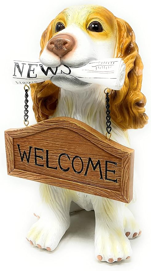 Nature's Mark Cocker Spaniel Dog Puppy Statue with Reversible Welcome Sign and Go Away Sign Resin Garden Decor 12" H