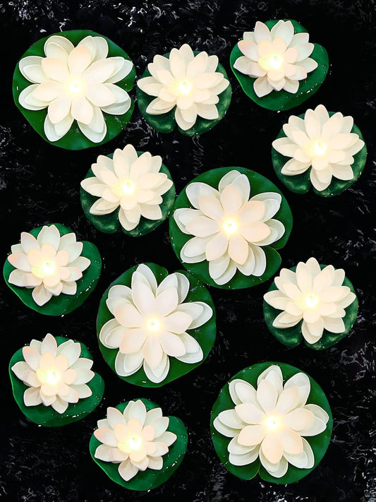 Hortsun 12 Pcs Floating Lotus Lights with Batteries Lily Pads Pool Flowers Diwali Pooja Decorations Floating Candles Decor for Pool Pond Outdoor Indoor(3.94/5.91 Inch,White)