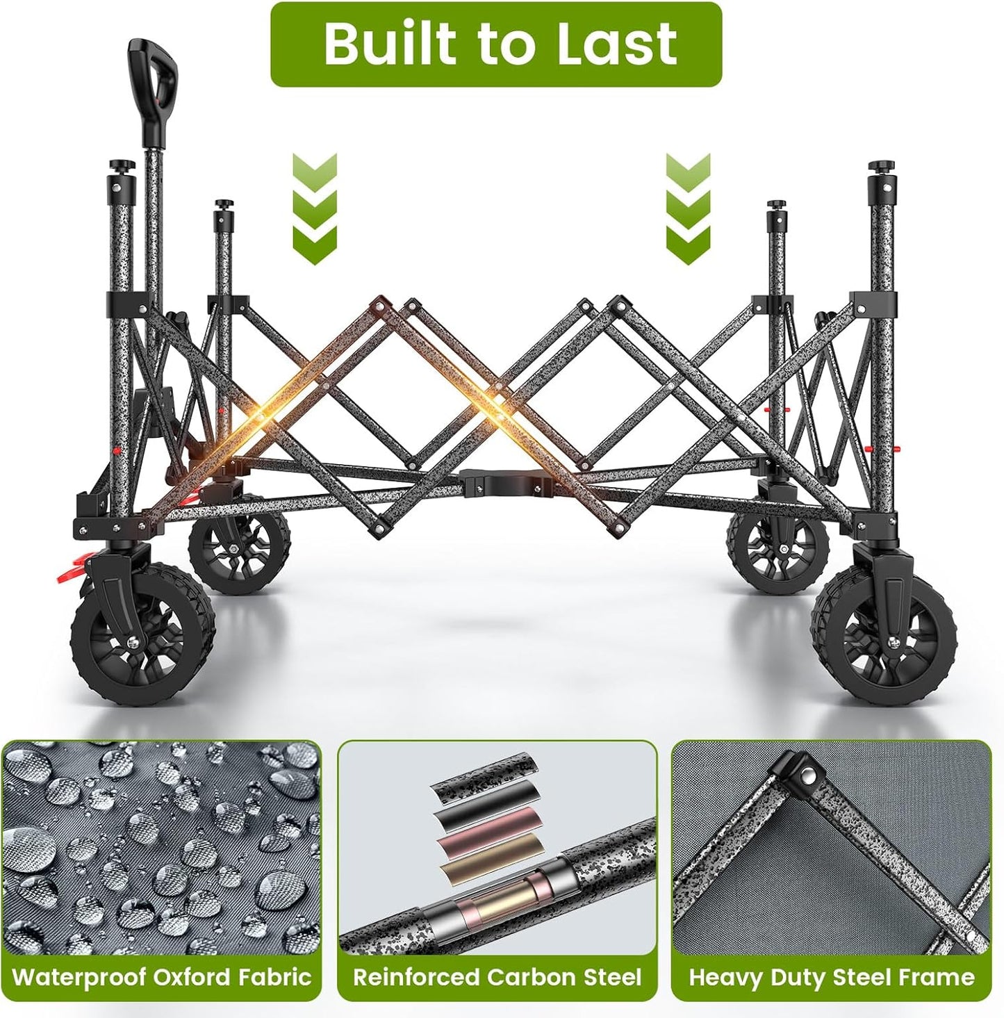 Collapsible Wagon Cart with Wider Wheels, 330lbs Heavy Duty Foldable Beach Wagon with Auto-Rebound Handle, 180L Utility Grocery Shopping Cart for Garden, Shopping, Camping, Sports, Gray