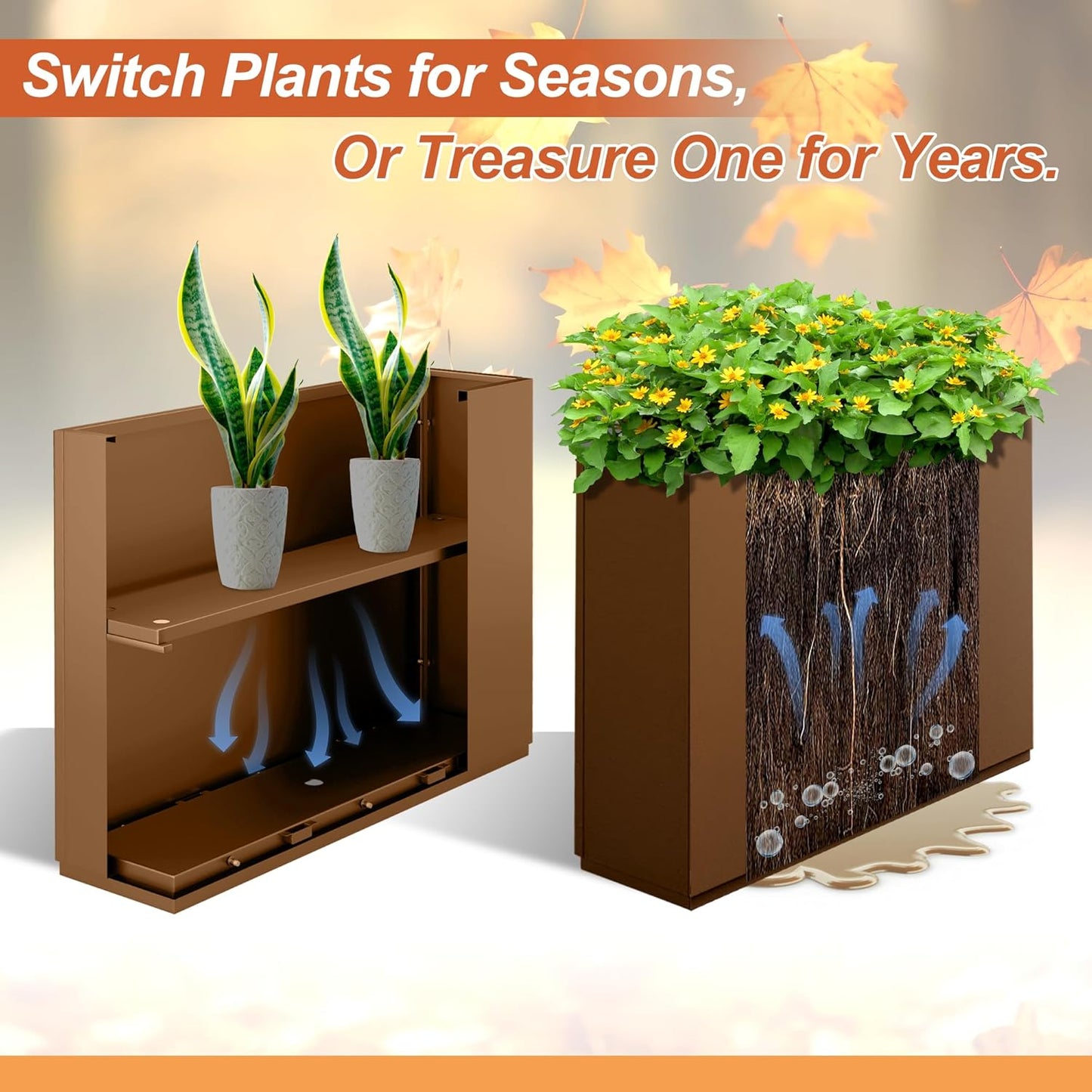 Metal Rectangular Planter for Outdoor Plants, Coated Large Planter Box with Drainage, Outdoor Patio PLanters with Sturdy Thickened Divider for Yard, Garden