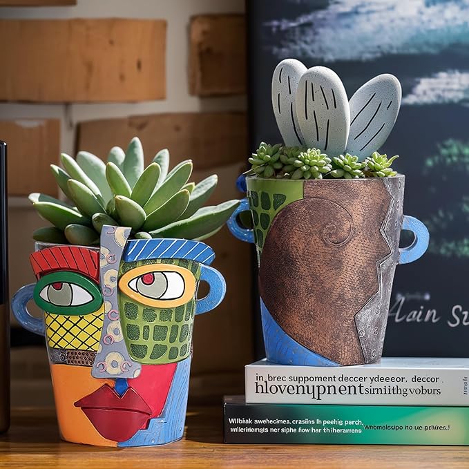 LCCCK Colorful Face Planter Funky Head Planters for Indoor Plants, Succulent Pots with Drainage for Home Unique Decor, Large Abstract Flower Pots for Indoor Outdoor Garden Cute Plant Decor