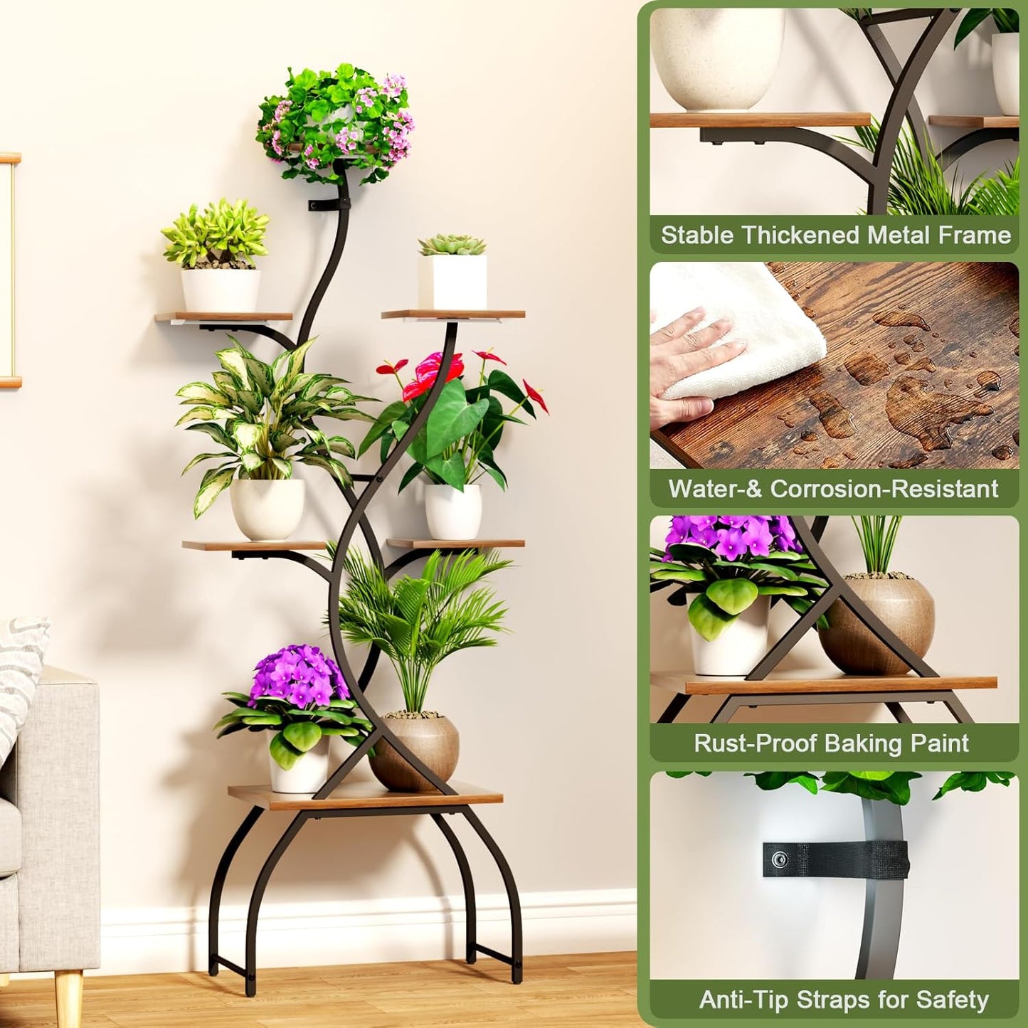 Plant Stand Indoor with Grow Lights, 6 Tiered Plant Shelf with Tree-Shaped Design, Tall Plant Stand for Multiple Plants, Metal Plant Flower Display Shelves, Corner Plant Holder for Home, Patio