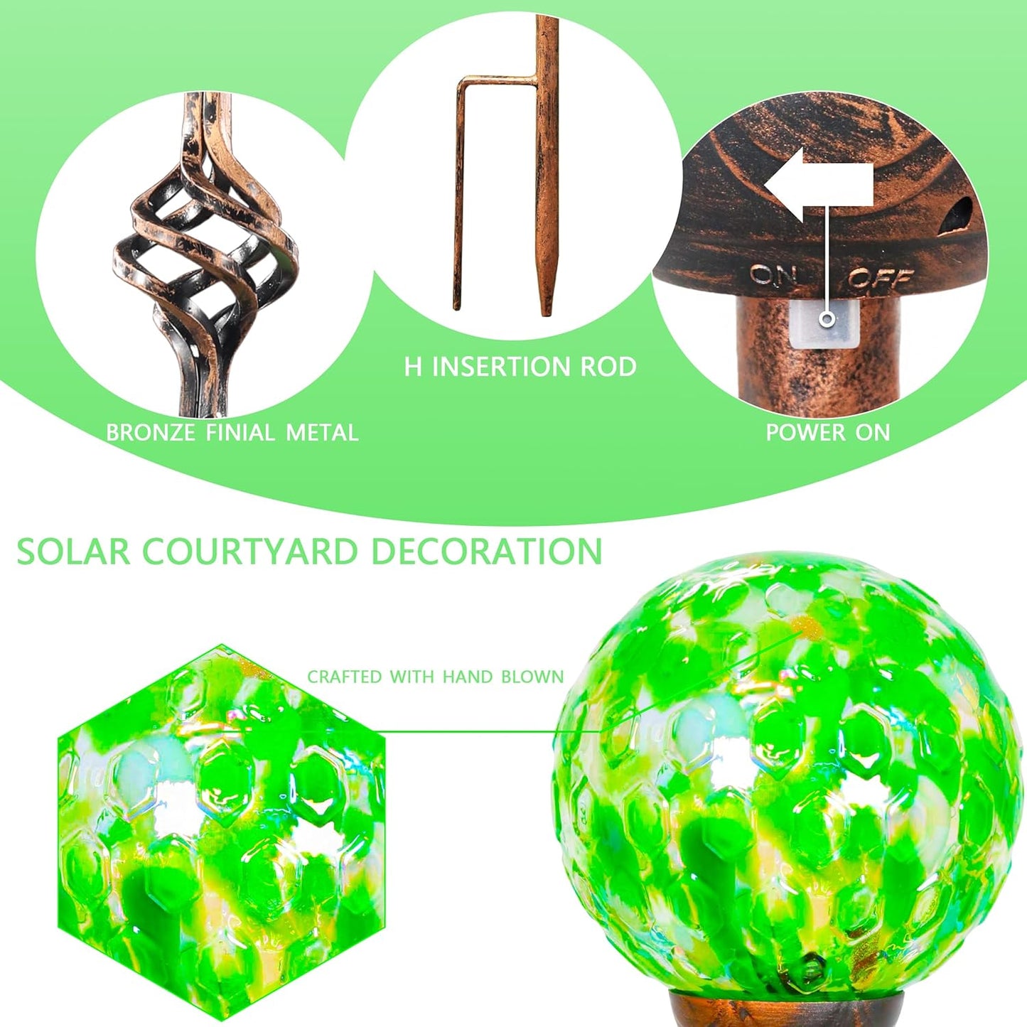 Garden Solar Lights, Decorative LED Honeycomb Glass Ball Garden Stake, Glass and Metal Outdoor Decoration, 4 x 31 Inch (Green)