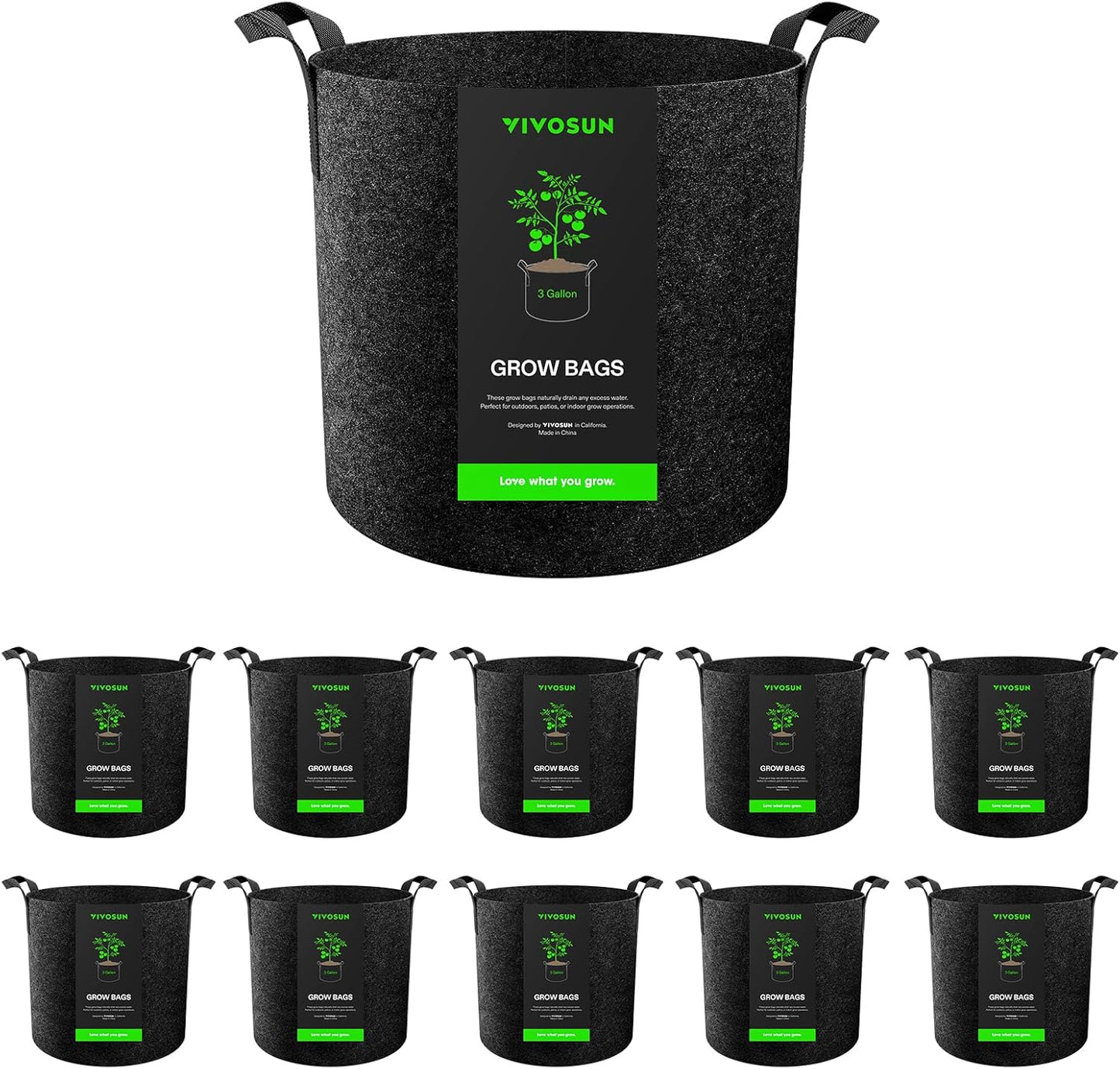 VIVOSUN 10-Pack 3 Gallon Grow Bags, Reinforced Planter Fabric Pots for Gardening Black