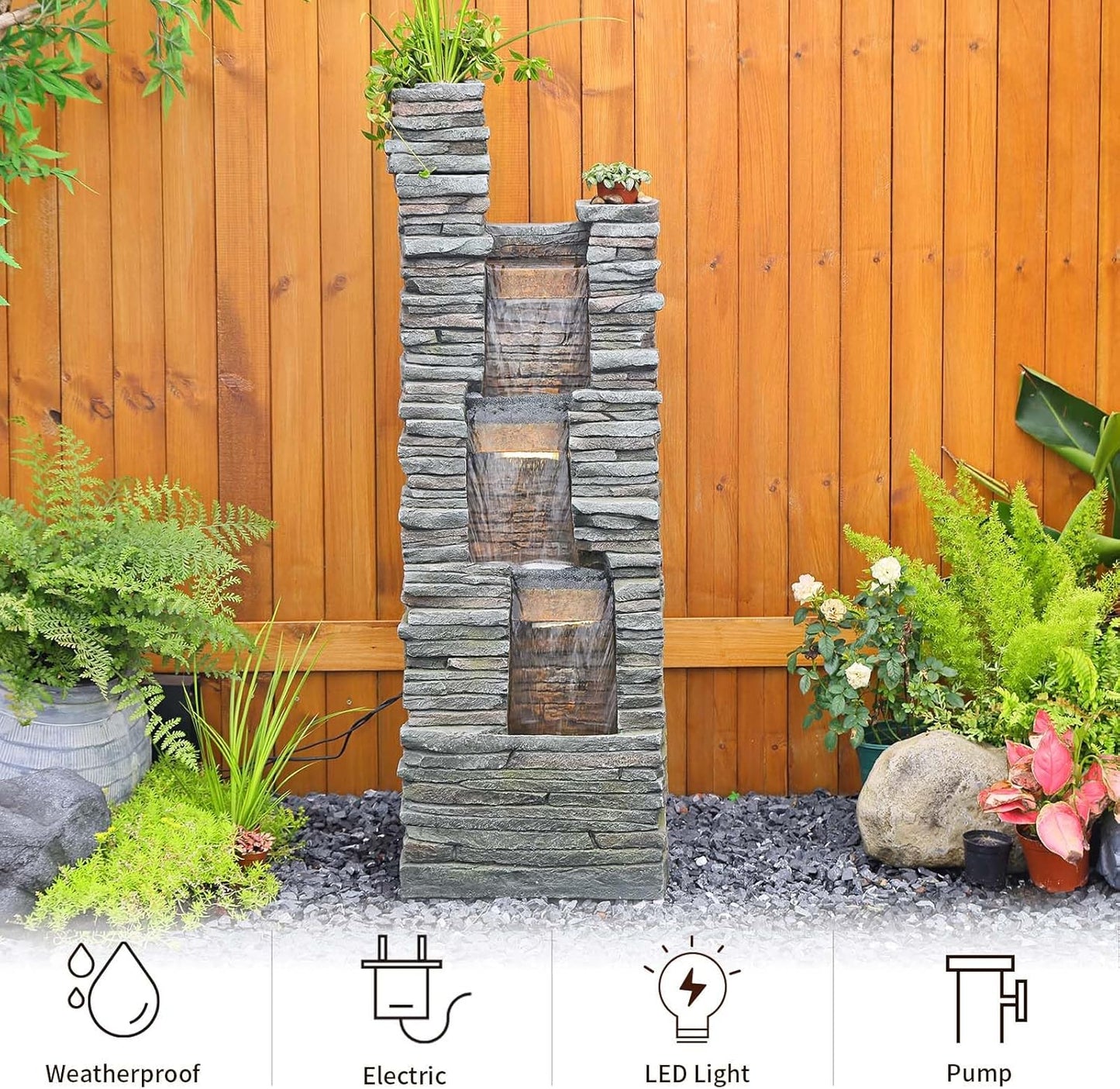 47" H Garden Water Fountain Outdoor with LED Lights & Pump, 3-Tier Cascading Outdoor Fountain for Garden,Patio,Porch,Backyard,Home Art Decor (Gray)