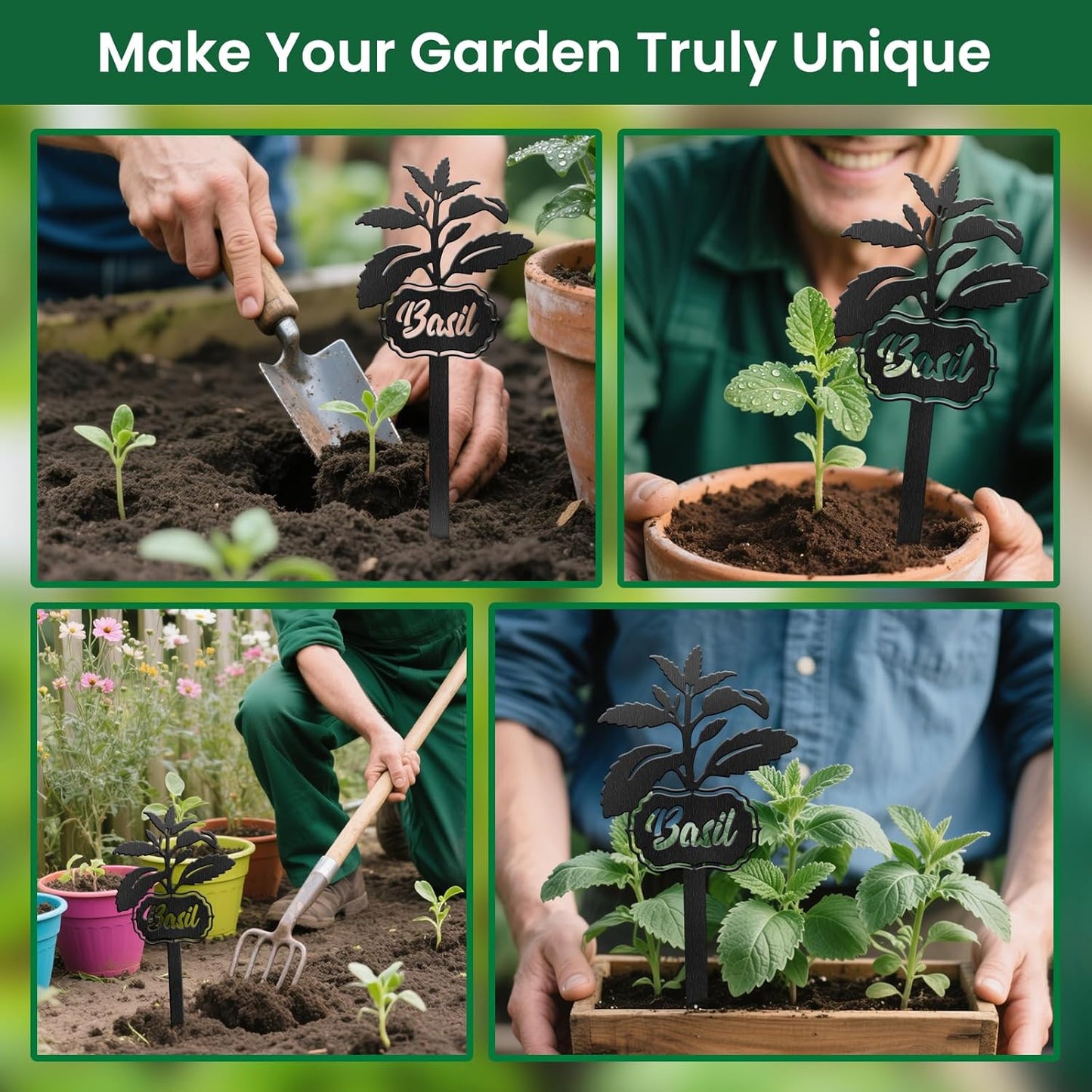 CUTHOLLOW Metal Plant Marker Stake Basil for Outdoor Indoor, Waterproof 11.8 inch Cute Garden Plant Labels Sign Tag for Vegetables, Farmhouse Greenhouse Decor - Funny Gardening Gifts