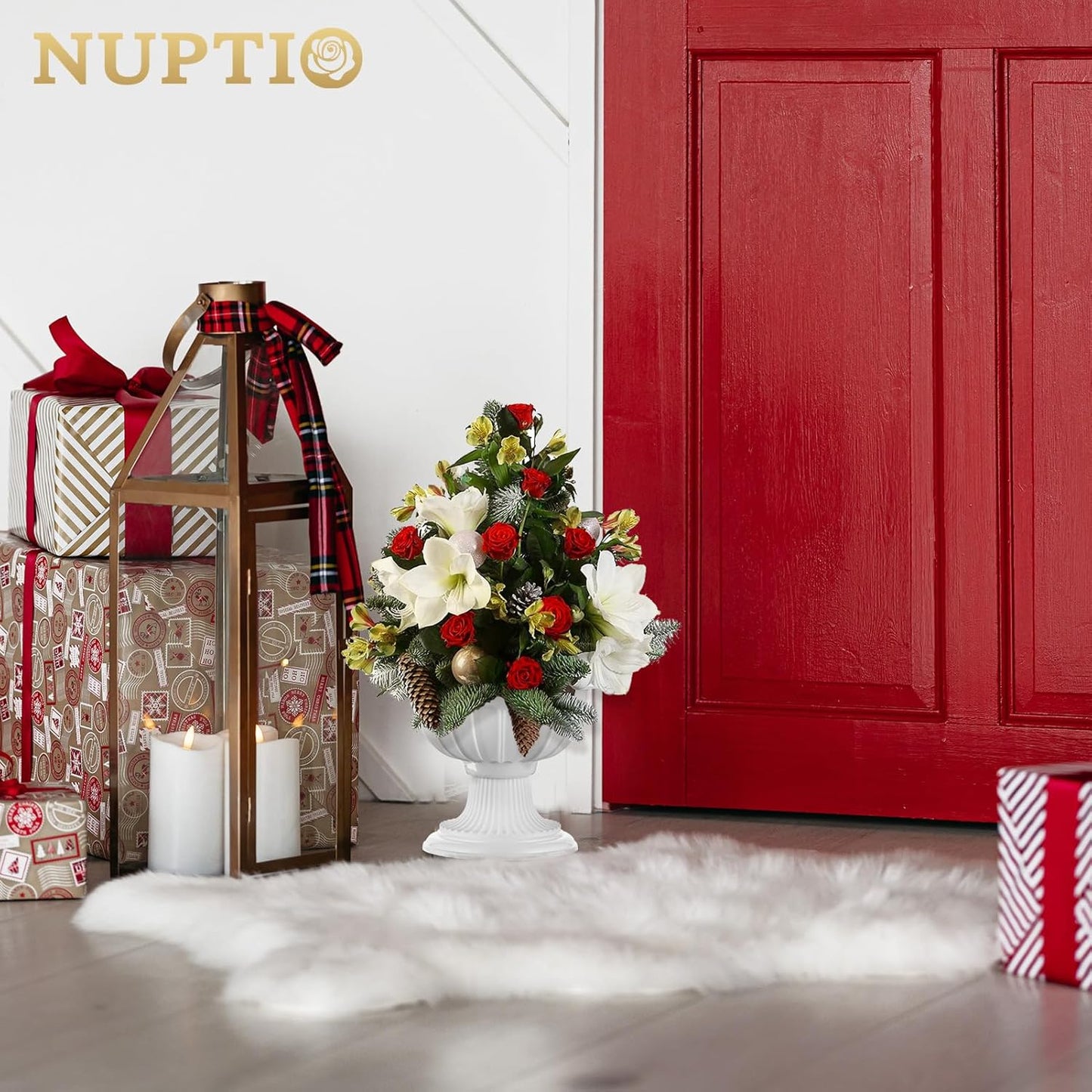 NUPTIO 2 Pcs Classic Urn Planter, 10.23 inches Height Plastic Outdoor Urn, Pedestal Plastic Planter for Garden Front Porch Door, White