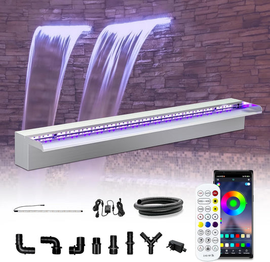 LONGRUN Waterfall Pool Fountain, Updated 5.9'' Wider Open Lip Stainless Steel Waterfall Spillway, Decorative Water Feature for Swimming Pools, Koi Ponds, Spa & Garden - 35.4''