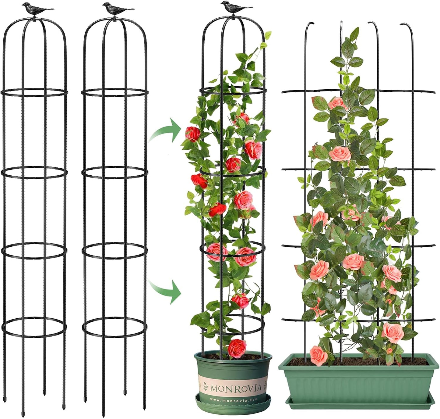 Tower Obelisk Garden Trellis for Climbing Plant，73.6inch Rustproof Metal Potted Plant Climbing Support for Indoor Outdoor Flowers Vegetable Fruits Vines Support (2Pcs)