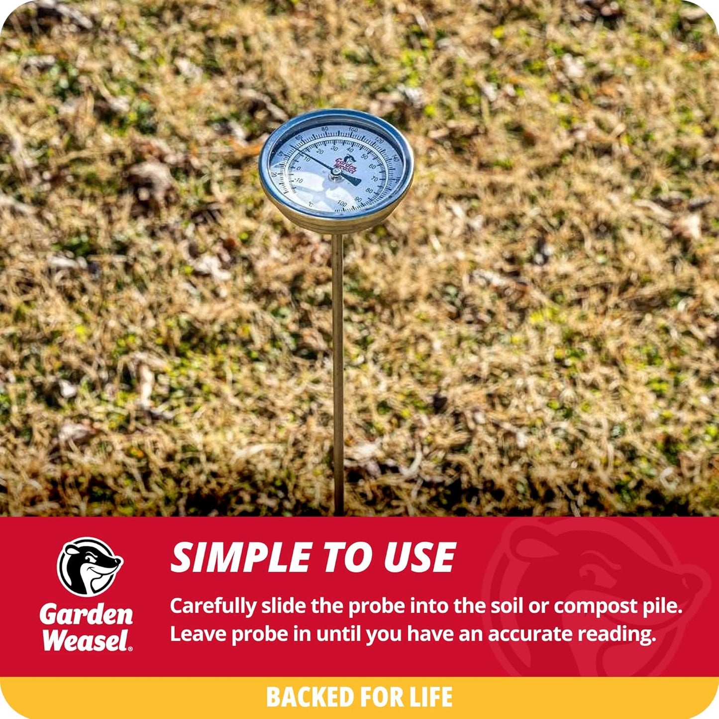 Garden Weasel Analog Soil & Composting Dial Thermometer - 36-Inch Probe | Measures 0 to 220 Degrees Fahrenheit | Soil Temperature, Worm Compost | 98001-A