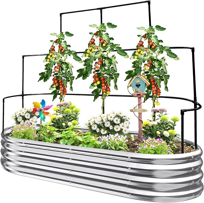 KING BIRD Raised Garden Bed with Wall Trellis Galvanized Planter Garden Box Outdoor for Gardening, Climbing Vegetables, Flowers 5.9x2.95x0.98 Ft, Silver