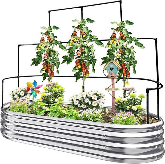 KING BIRD Raised Garden Bed with Wall Trellis Galvanized Planter Garden Box Outdoor for Gardening, Climbing Vegetables, Flowers 5.9x2.95x0.98 Ft, Silver