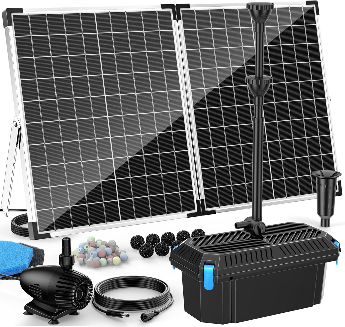 Antfraer Solar Fountain Pump with Pond Filter Kit, 55W Solar Water Pump with Pond Filter Box for Outdoor Pond Garden Fountain Waterfall Water Feature(17FT+10FT Power Cord）