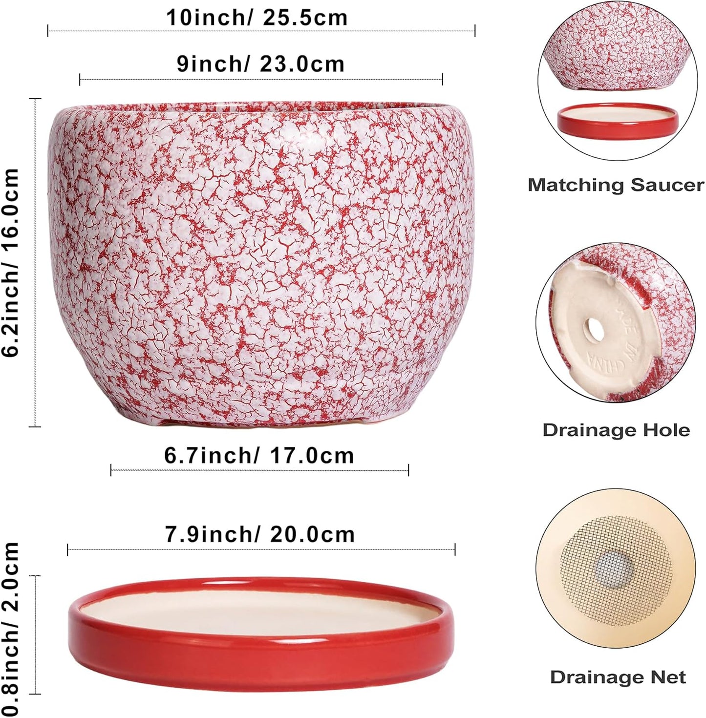 SQOWL Ceramic Planters for Indoor Plants - 10 Inch Flower Pots with Drainage Hole and Saucer, Decorative Ceramic Plant Pots, Round Large Planter Outdoor, Room Decor, Housewarming Gifts, Red and White