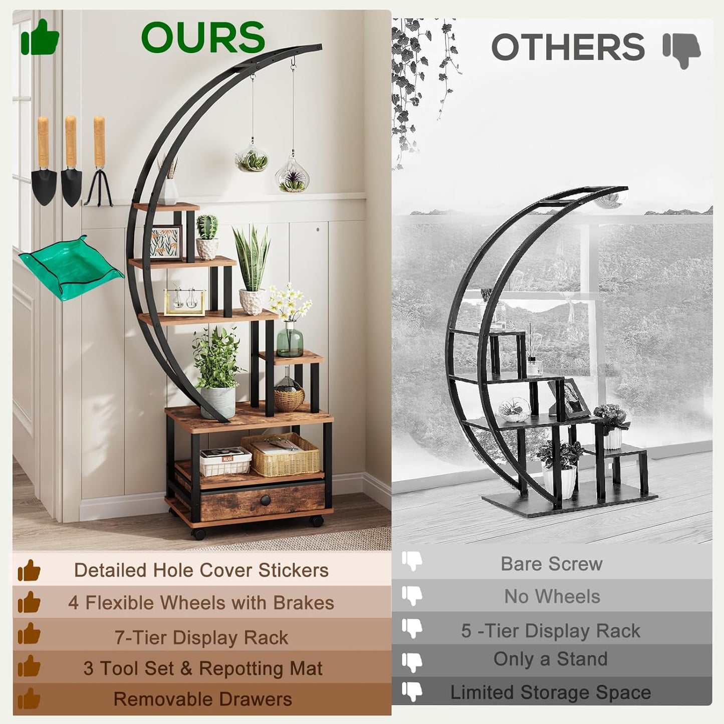 7-Tier Half Moon Indoor Plant Stand with Lockable Wheels, 71” Tall Plant Shelf with Drawer & Accessories, Plant Holder Display Rack for Multi-plants, Plant Rack for Patio Balcony Living Room (Half Moon)