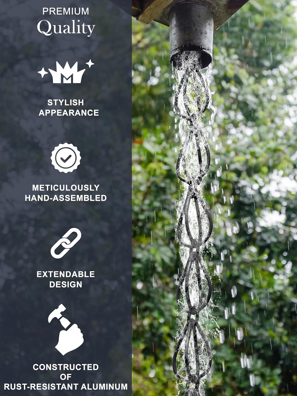 Monarch Rain Chains Aluminum Teardrop Rain Chain, 8.5 ft Black Powder Coated Aluminum Decorative Rain Catcher Chain for Gutters, Black Aluminum Rain Gutter Replacement Downspout