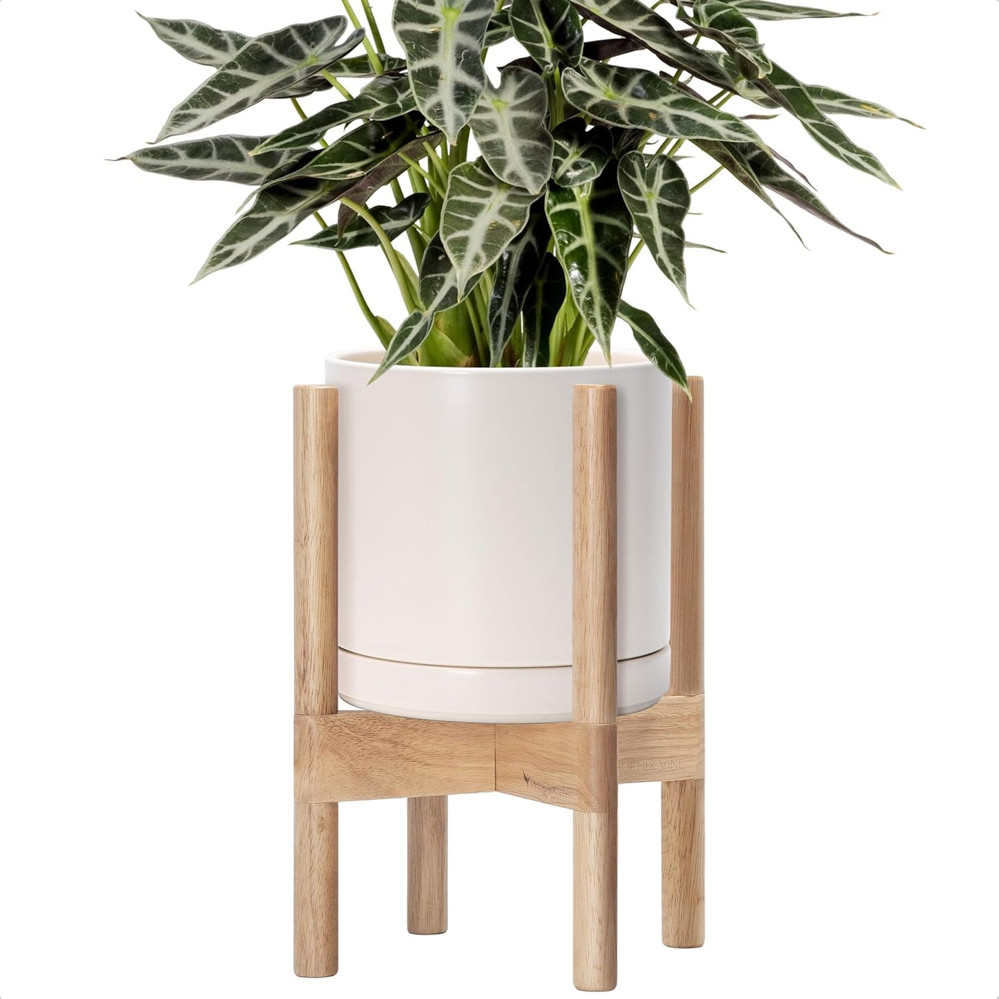 D'vine Dev Ceramic Planter with Natural Stand - 8 Inch Modern Round Flower Pot with Wood Planter Holder, Oatmeal, 55-B-N-8