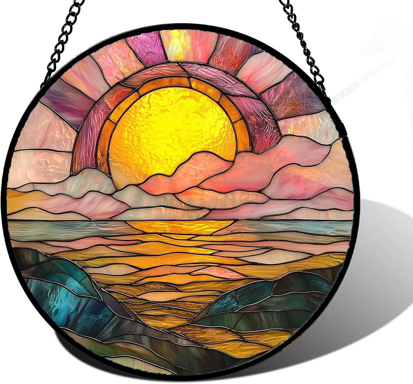 Stained Glass Window Hanging, Sunrise Over The Sea Suncatcher Diamond Glass Panel Hangings Abstract Sun Catchers Decor for Birthday for Women, Men, Wife, Aunt, and Mom 9.8 in