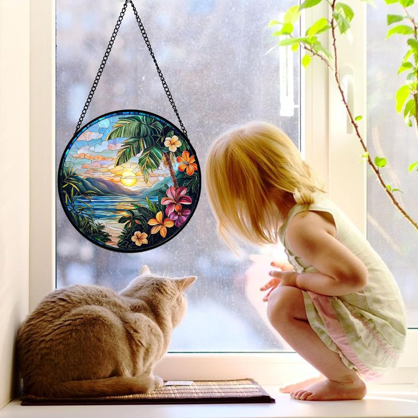 Stained Glass Window Hanging, Colorful Landscape Suncatcher for Doors Home Sun Catchers Decoration and Christmas, Mother's Day Birthday Gifts for Women, Men, and Mom 7.8 in