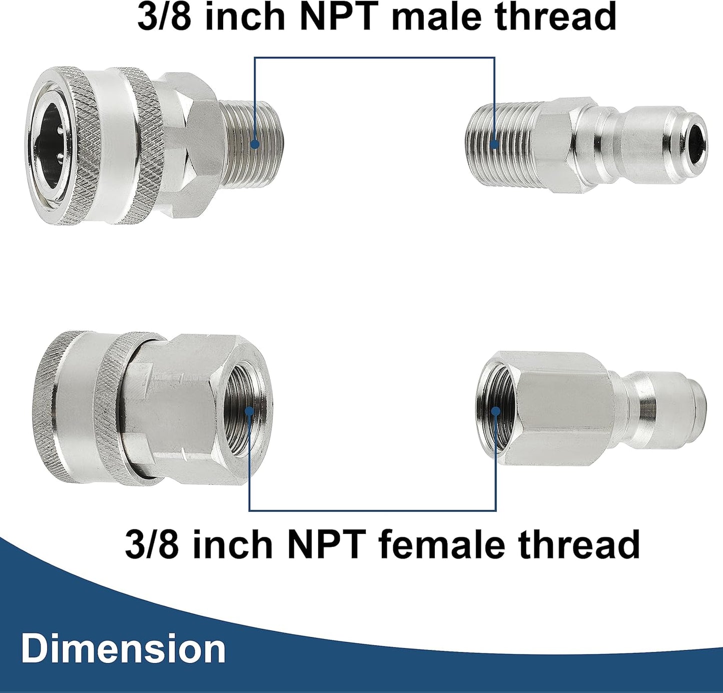 Pressure Washer Quick Connect 3/8 Inch, Pressure Washer Fittings, Stainless Steel Adapter Set, Female and Male Thread, 8 Pieces