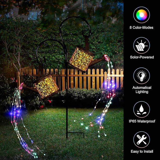MEREAR Solar Watering Can Lights Outdoor with 8 Multi-Color Changing Modes, IP65 Waterproof Landscape Light Garden Decor, One Pole Two Lights Outside Decorations for Lawn, Backyard, Patio, Chrismas